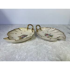 Mid Century Leaf Shaped Floral Gilt Accented Candy or Trinket Dishes-Set of Two